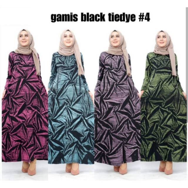 Gamis kaos akhwat hitam tebal pelangi abstrak