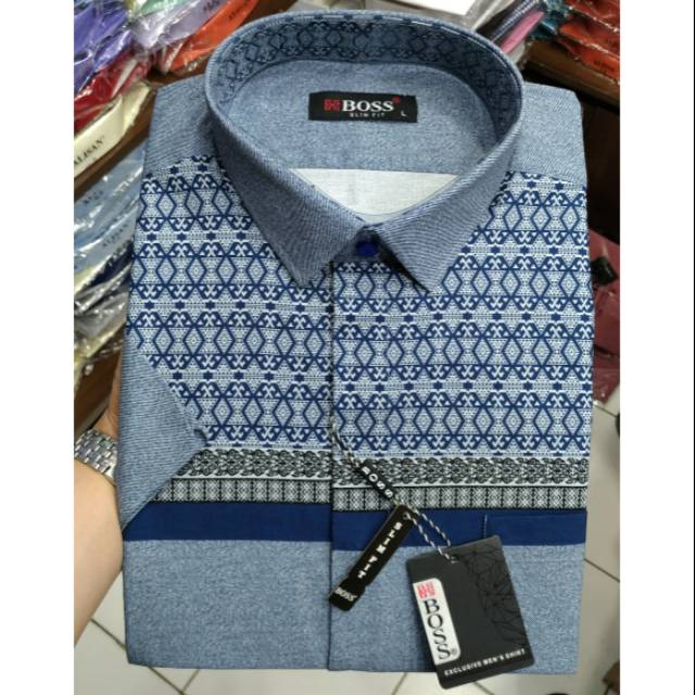 Kemeja Pria Pendek Slimfit Boss Semi Jeans Motif Casual Semi Batik Abu Biru