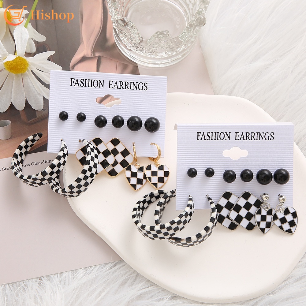 Set Anting Hoop Bentuk Hati Kotak Bulat Motif Kotak-Kotak Untuk Wanita