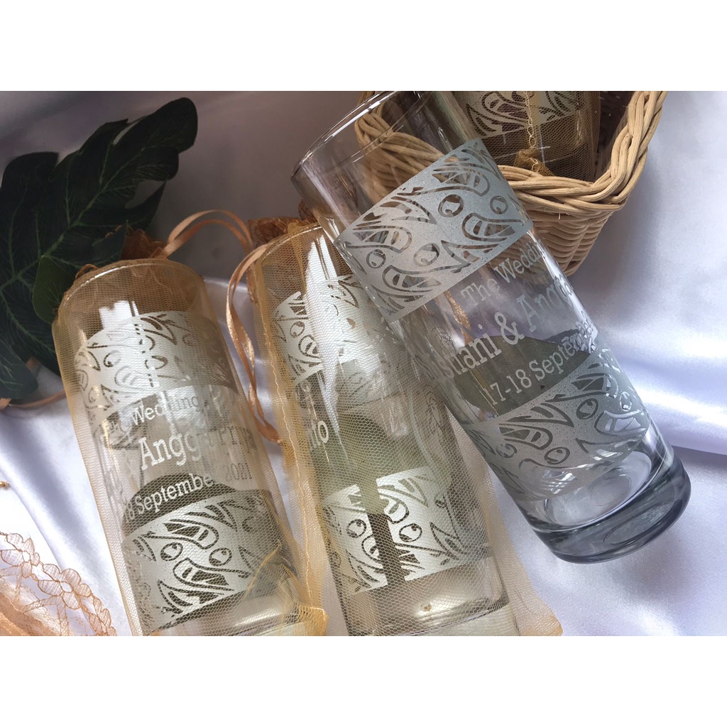 Souvenir Pernikahan Gelas Kaca Minum Jus Gelas Bambu Tinggi Kaca Gelas Highball Sablon Kemas Tile