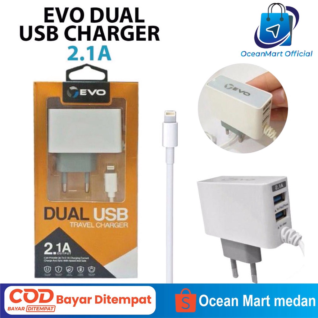 Travel Charger iPhone 6 7 8 EVO AC-100 Kabel Lightning Dual USB Fast Charging 2.1A Aksesoris Handphone HP OCEANMART OCEAN MART Murah Grosir