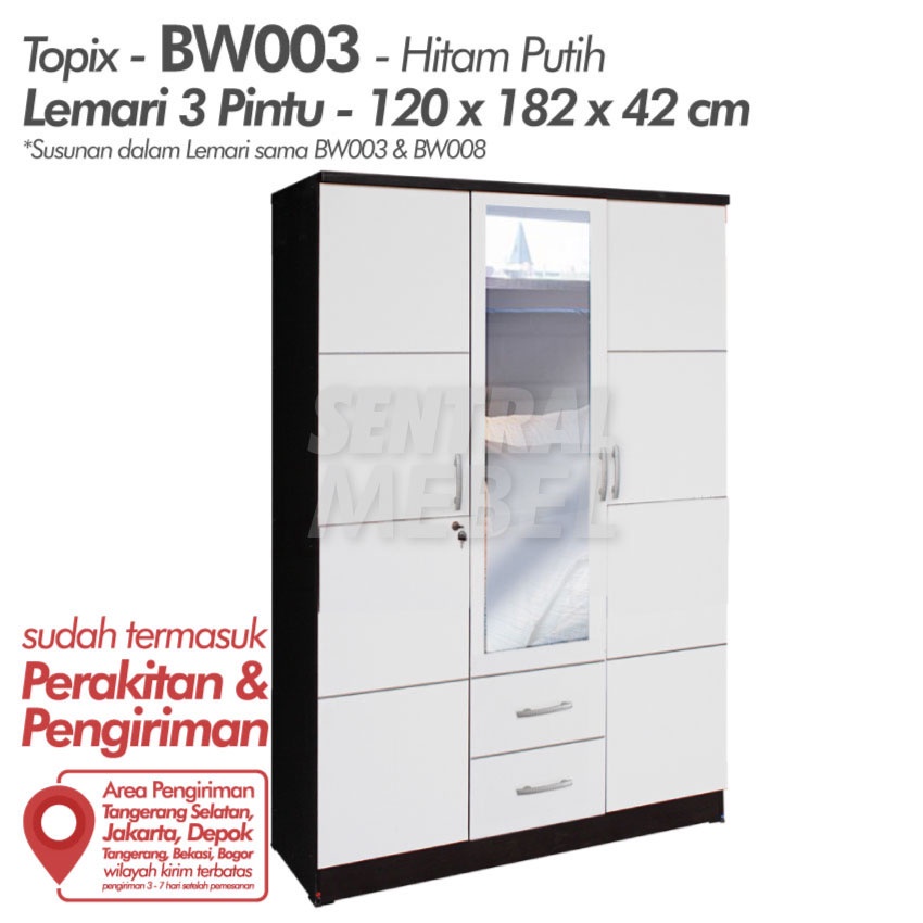 Lemari Pakaian 3 Pintu + Kaca - Lemari Baju 3 Pintu - BW 003
