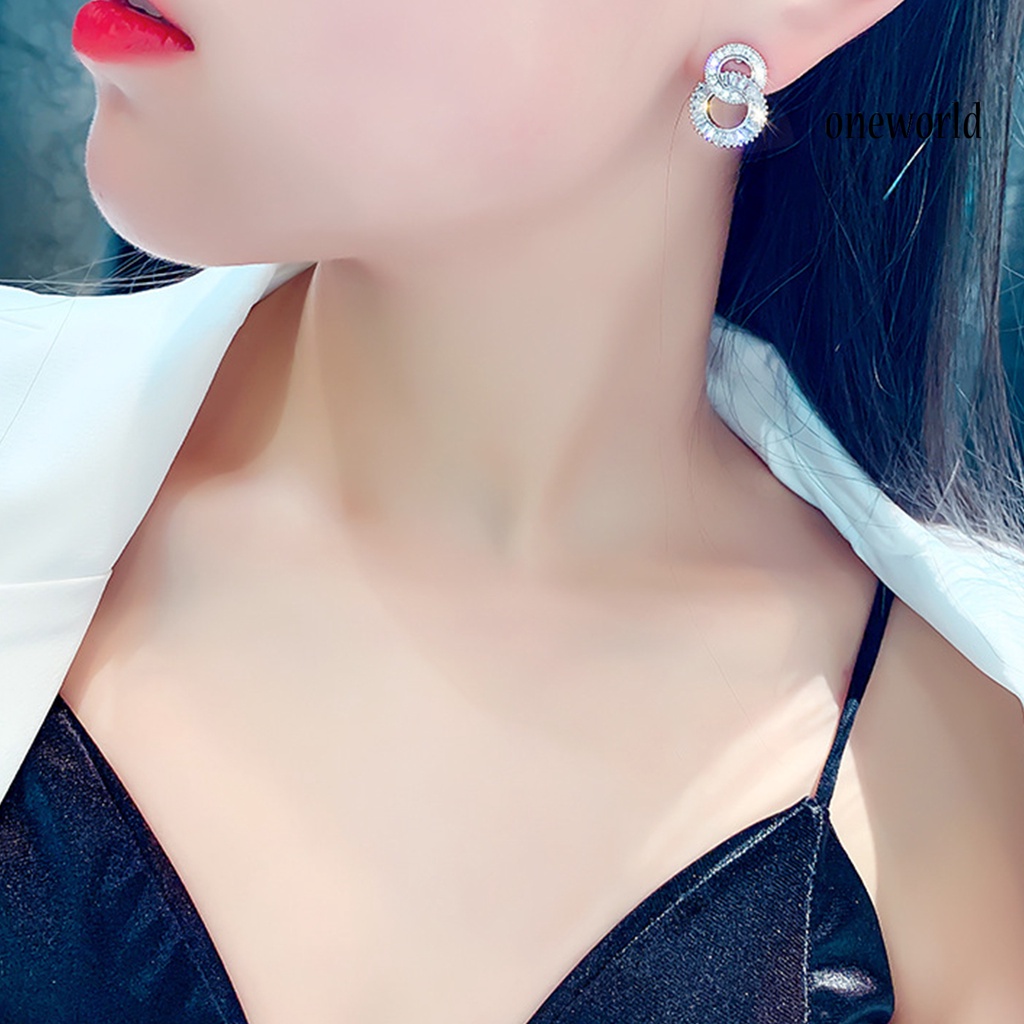 OW# Women Simple Design Dazzling Geometry Double Circle Ear Stud Earrings Jewelry