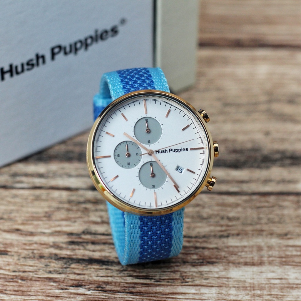 JAM TANGAN WANITA HUSH PUPPIES X210 TALI KANVAS CHRONOGRAPH TANGGAL AKTIF DM 4.2CM FREE BOX  || JAM TANGAN FASHION WANITA HUSH PUPPIES HP KANVAS