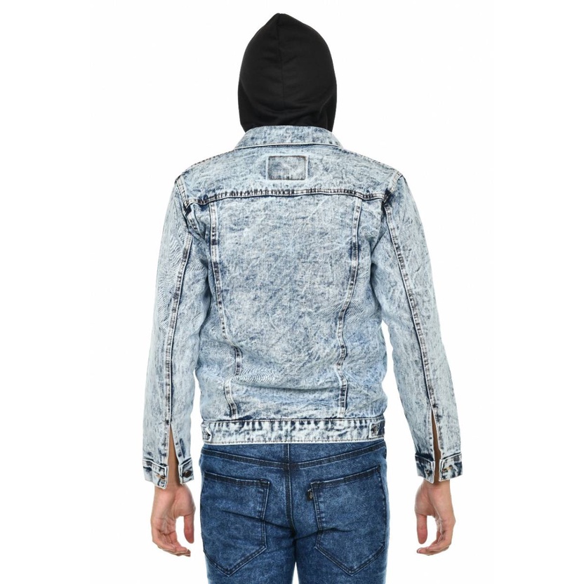 Jaket jeans hoodie pria sanwosh Jaket Jeans berhoodie-penutup kepala combinasi penutup jaket kancing + sleting Sandwash Sanwash Senwos Pria Tebal Style Korea