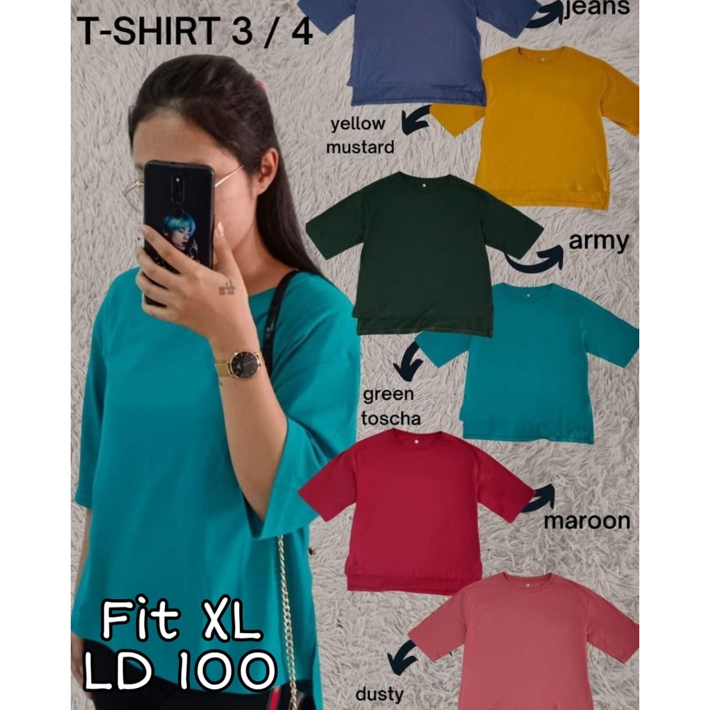 Kaos Wanita Polos Fit XL LD 100 cm Lengan 3/4 Baju Perempuan Distro Jumbo Oversize 3 per 4 Bigsize P