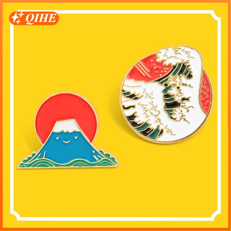 Bros Pin Desain Ilustrasi Gunung Fuji Warna Merah Biru Gaya Jepang Untuk Aksesoris Tas