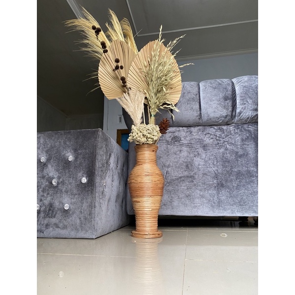 Paket Dekorasi Rustic+Pot Guci+Daun Palem Kering+Bunga Kering+Rayung+Pampas Grass lokal+Edelweis+Dek