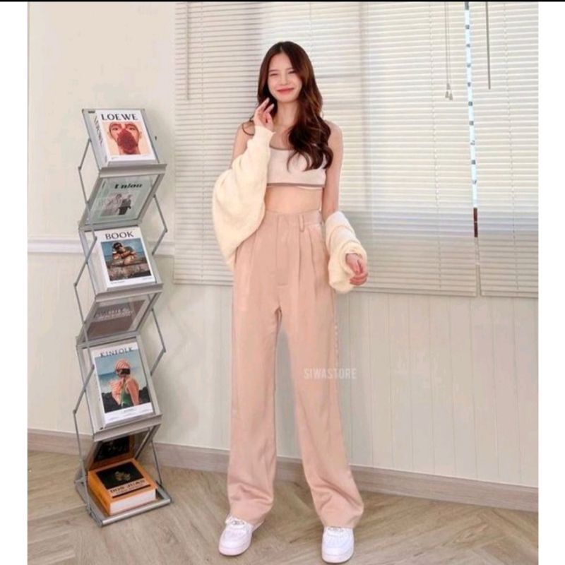 Celana Panjang Loose Pants Trousers Wanita - Celana Anti Kusut - Celana Kulot Wanita Highwaist - Celana Kantor Formal / Casual