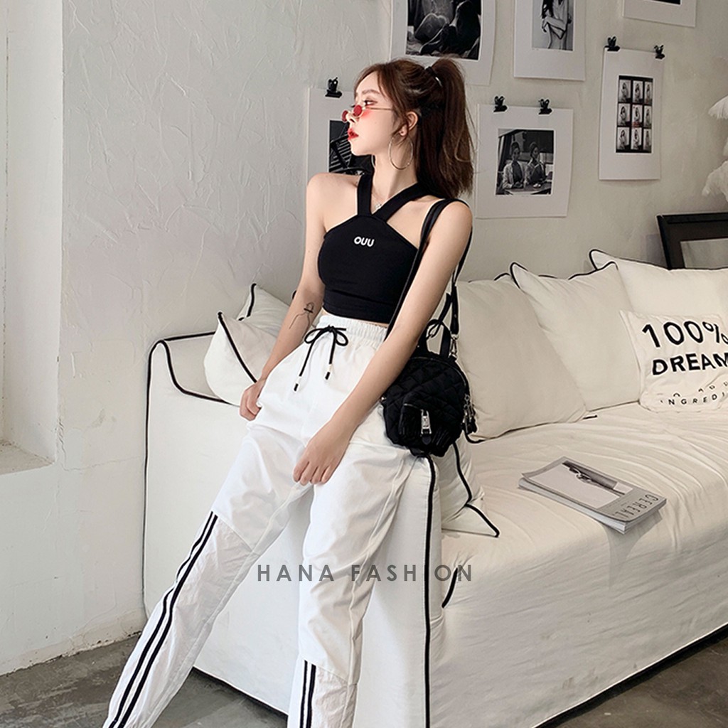 Hana Fashion - V-Rope Casual Crop Tank Top Sablon Wanita Tali V - TT004