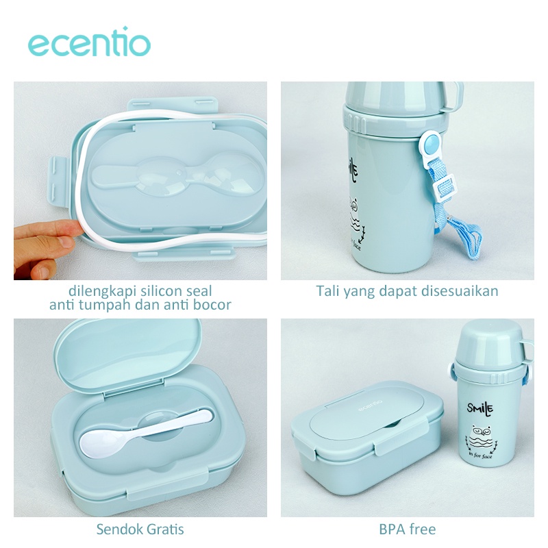 ecentio &amp; FOODI 3 Sekat 1400ml Kotak Makan Set anak botol 450ml/biru/hijau/merah muda/Lunch box set anak 650ml +cangkir 450ml/Lunch Box Set 3 Grid Kotak Bekal Makan Botol Minum Free Sendok/tempat makan anak/Tempat Makanan anak kecil BPA free