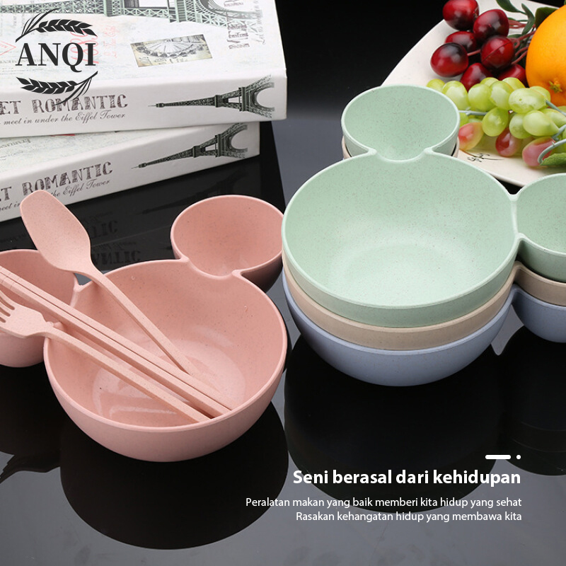 ANQI Mangkok Set Peralatan Makan Anak 4 in1Bahan Jerami Gandum Children Tableware Piring Kartun