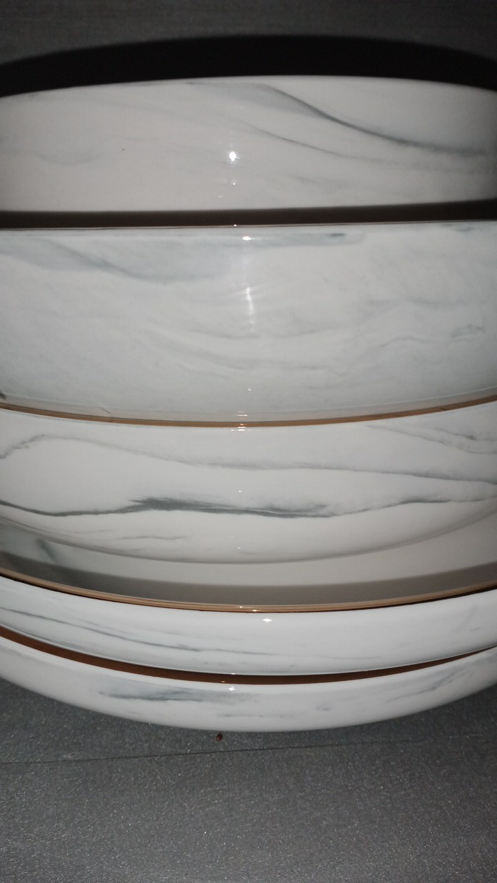New Model Piring Mangkok Makan Keramik Ceramic Bowl Cantik Motif Marmer Marbel Marble Plate Gold Rim