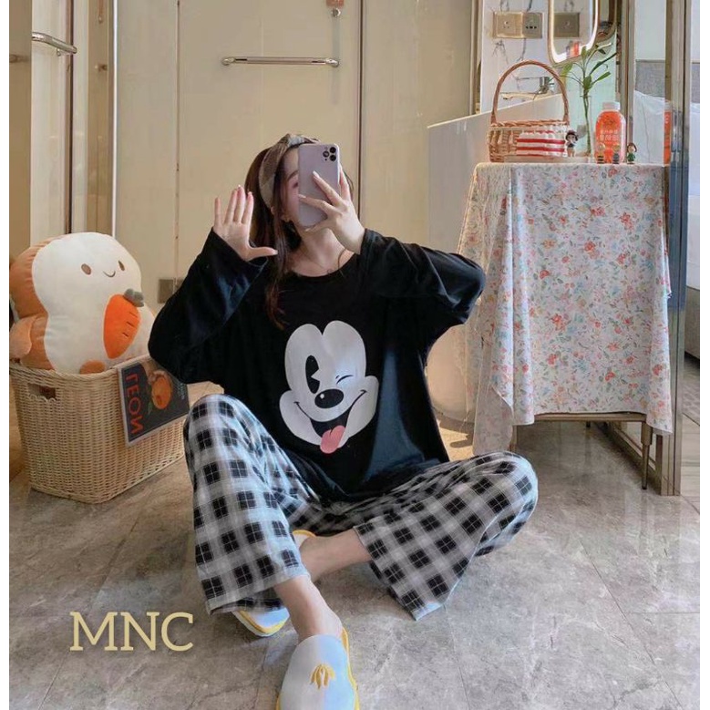 PIYAMA PP WANITA IMPORT SPANDEX|BIGSIZE|JUMBO/SET OVERSIZE/BAJU TIDUR lengan panjang-PP.BZ MICKY FACE