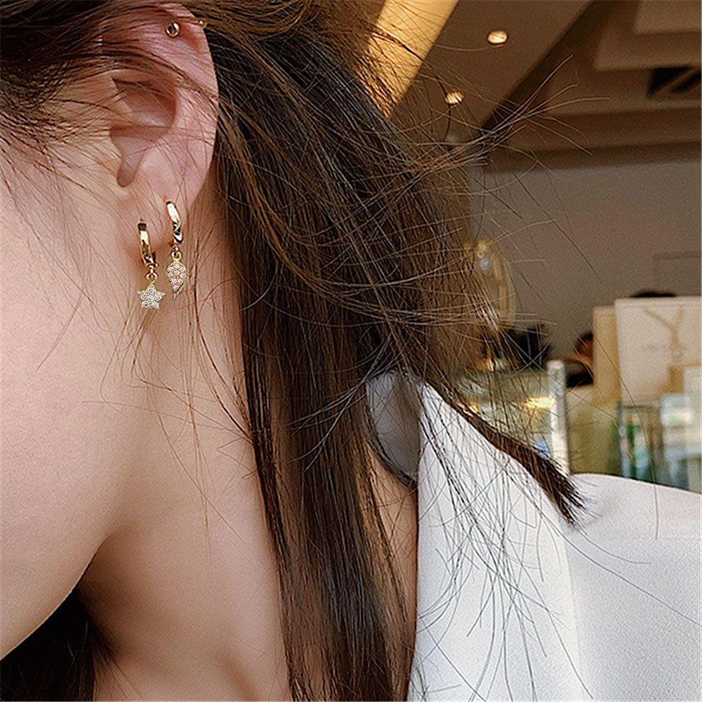 Needway Menjuntai Anting Bulat Warna Emas/ Perak Bunga Bintang Cinta Hati Aksesoris Fashion Hoop Earing