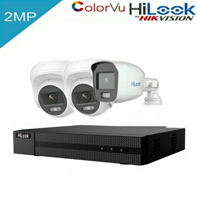 Paket CCTV HiLook 2MP COLORVU 3 Kamera Lengkap Siap Pasang