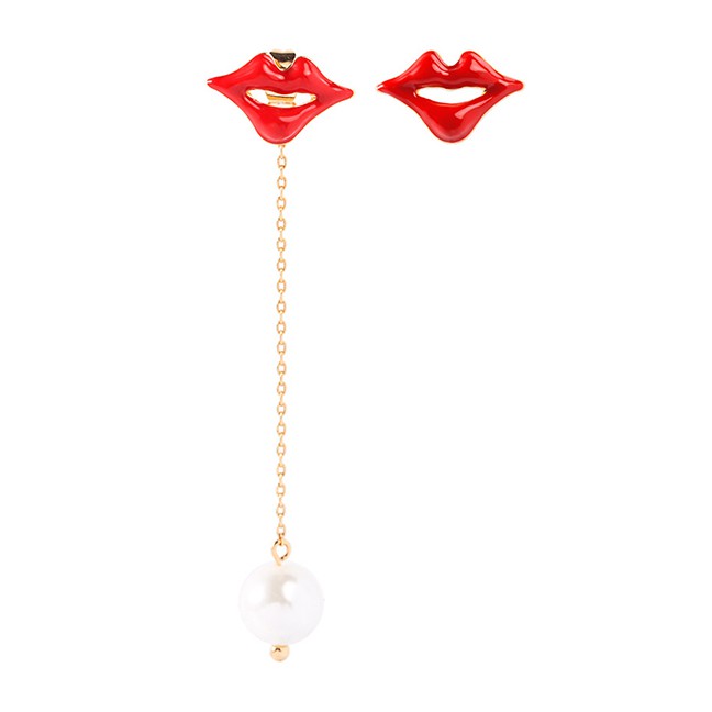 LRC Anting Tusuk Fashion Drip Lips Asymmetrical Pearl Earrings F6020X