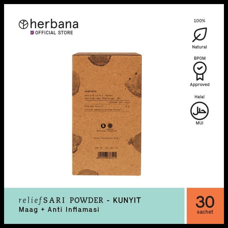 

DISKON TERBATAS !!! HERBANA RELIEF SARI POWDER KUNYIT - ISI 30 SACHET @4G TERLARIS