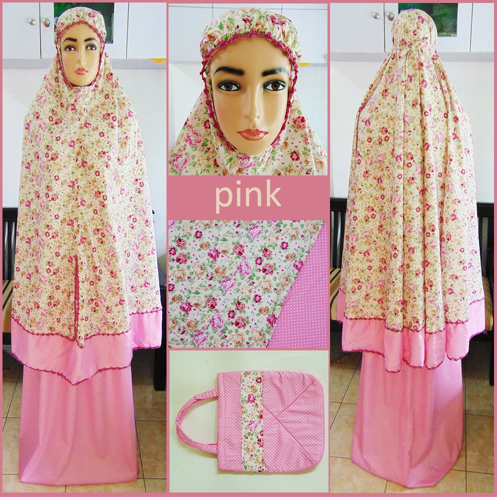 Mukena Katun Jepang Renda Sulam motif mawar kecil warna PINK
