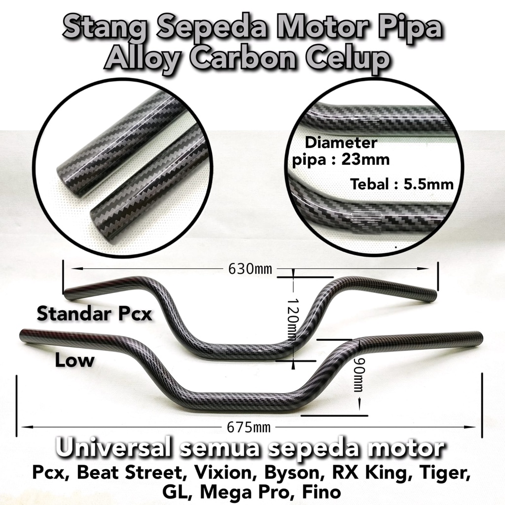 Stang Sepeda Motor Carbon Karbon Celup Standar dan Low PCX Beat Street Vixion Byson RX King Tiger GL