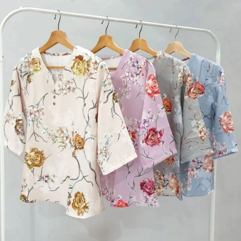 SHERATON LENGAN 3/4 V NECK WHITE BLOUSE /BUNGA SAKURA KYOTO FLOWER - DELIGHTLINE ATASAN VNECK WANITA-4