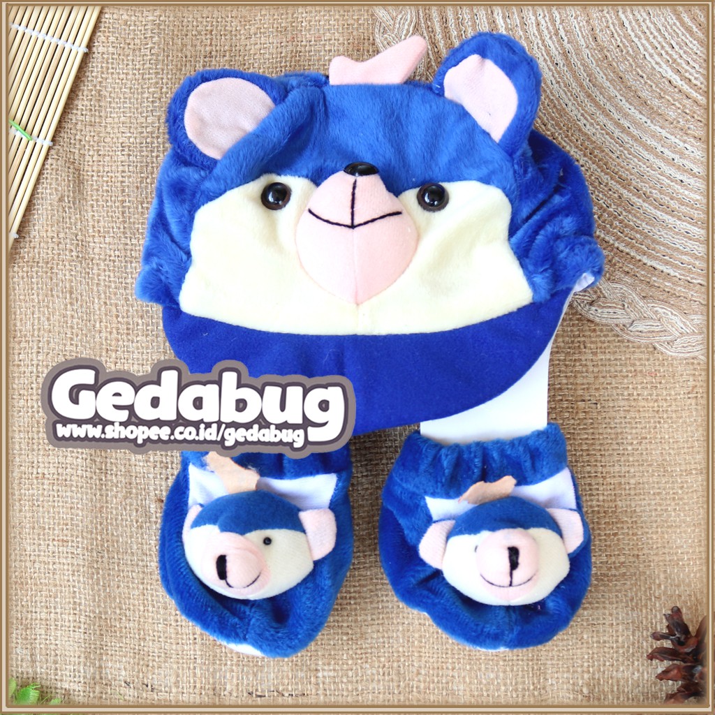 Topi Set Bulu Charakter OKIYO / Topi Bayi Newborn + Kaos Kaki Bulu - gedabug