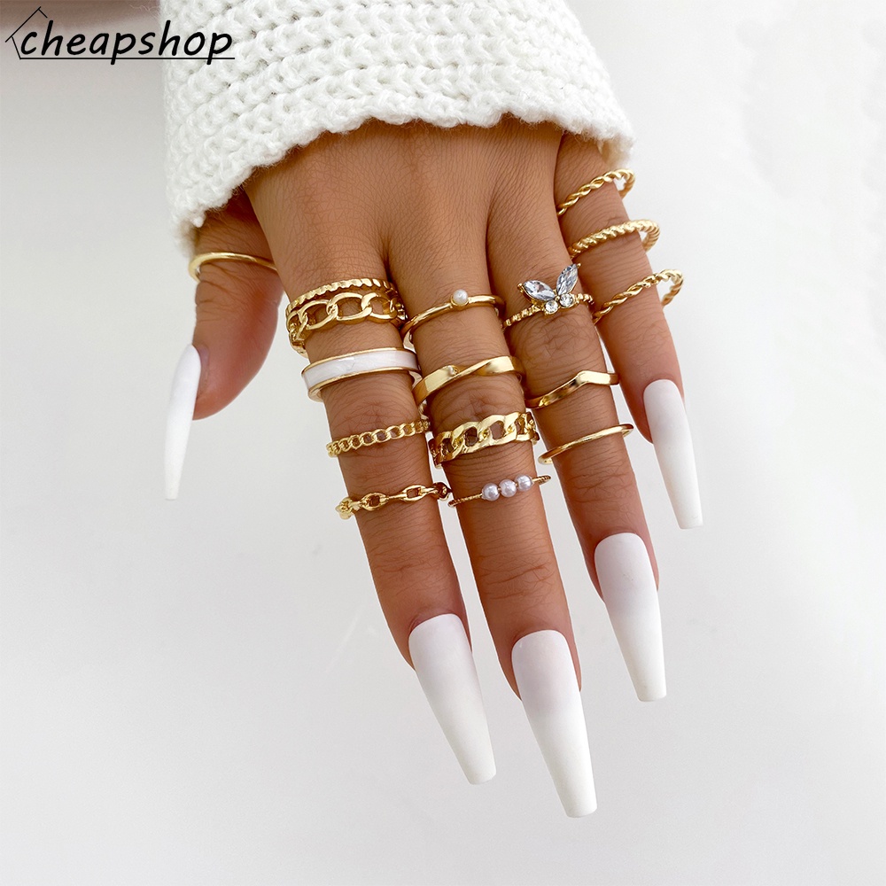 IFYOU 15pcs / set Cincin Jari Desain Kupu-Kupu Warna Emas Gaya Vintage Untuk Wanita