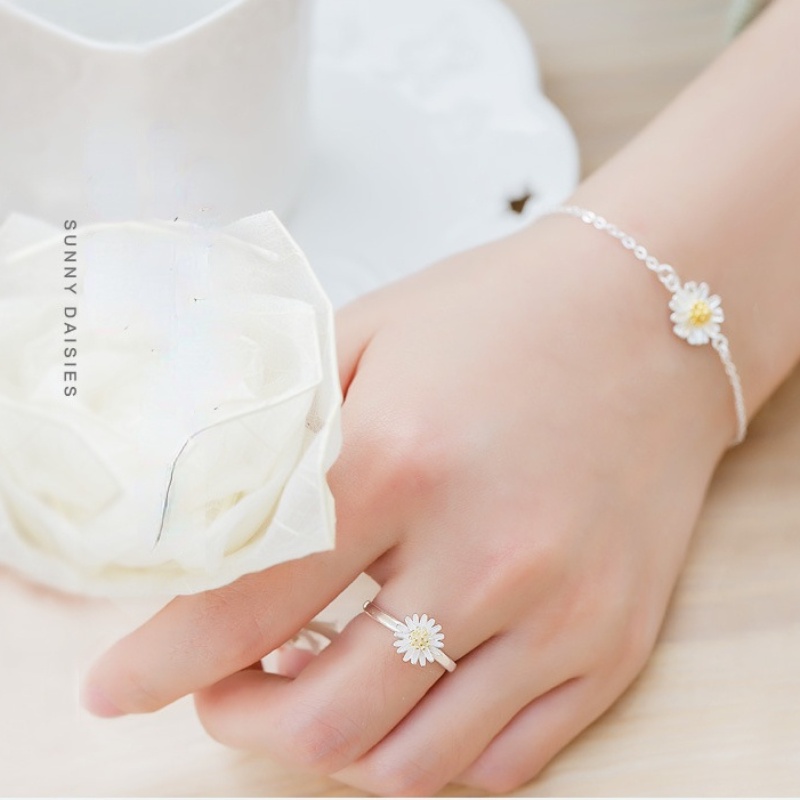 Set Perhiasan Kalung Anting Cincin Gelang Model Terbuka Dapat Disesuaikan Dengan Liontin Bunga Aster Untuk Wanita