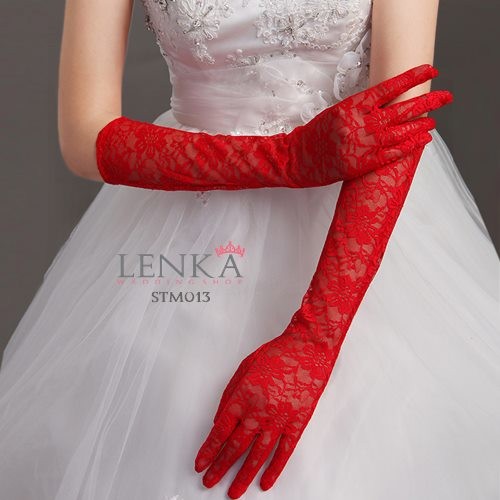 [PRODUK FAVORIT] RED GLOVES SARUNG TANGAN MERAH PANJANG BROKAT BRIDAL WEDDING STM013