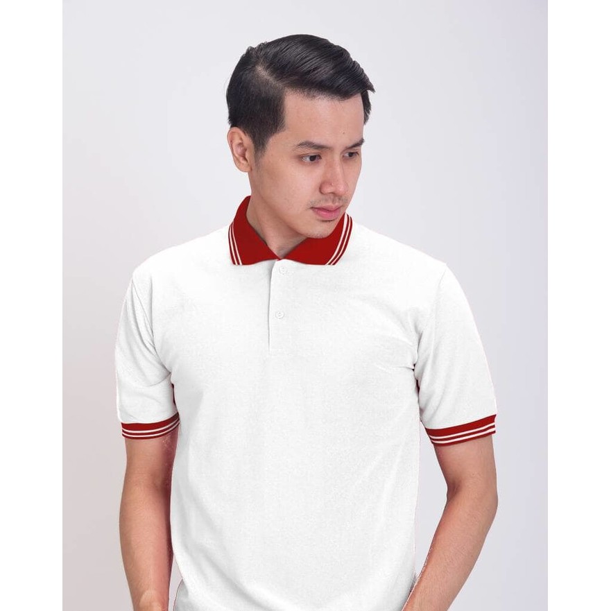 BAJU KAOS KERAH POLO SHIRT PRIA COWOK PUTIH KERAH MERAH