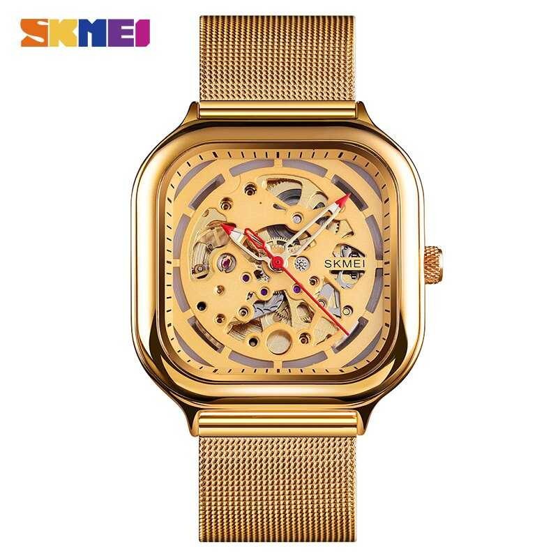 Jam Tangan Pria SKMEI Original Automatic Mechanical Stainless Strap 9184CS Gold-0
