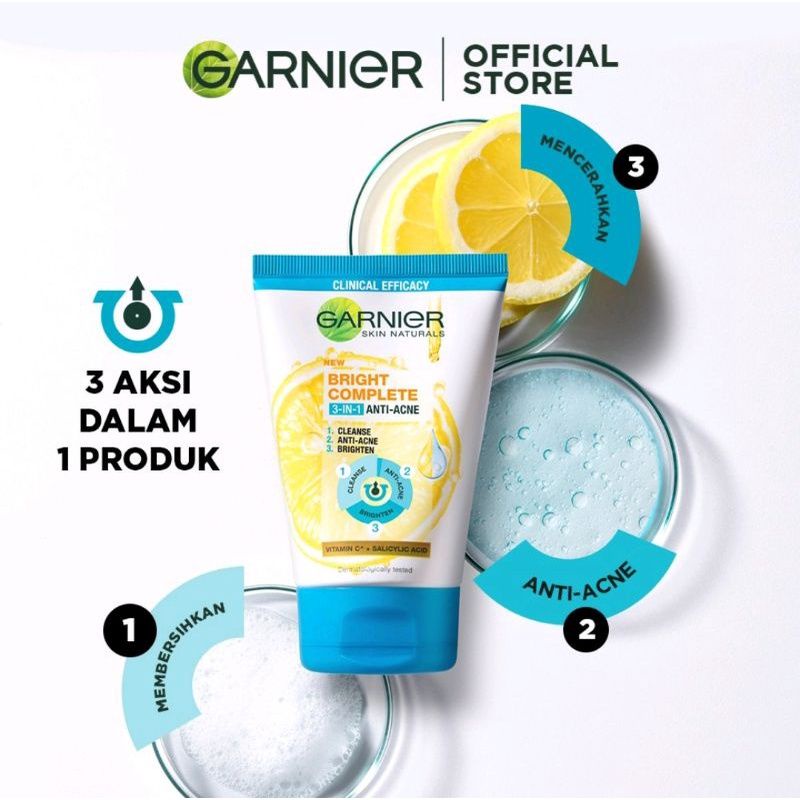 Garnier Bright Complete 3-in-1 Anti Acne Facial Wash Skin Care 90 ml | Wajah Cerah Bebas Jerawat