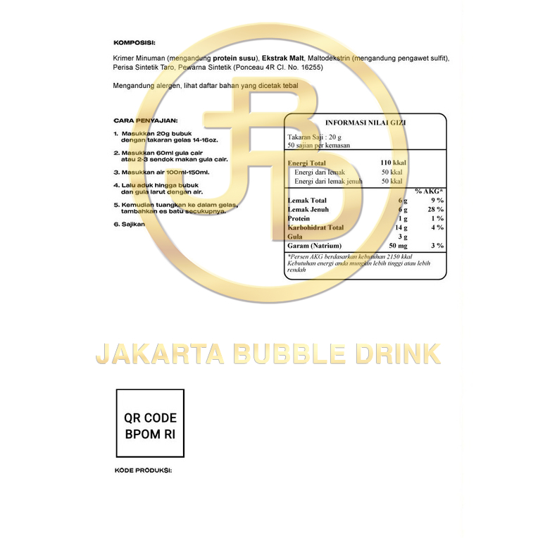 Bubuk Minuman Premium TARO - Jakarta Bubble Drink | BPOM&amp;HALAL