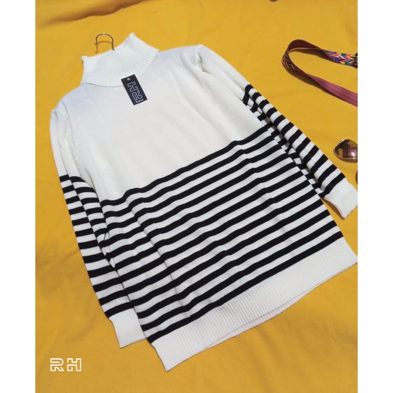 sweater rajut pria dewasa lengan panjang kerah tinggi turtle neck garis garis switer belang