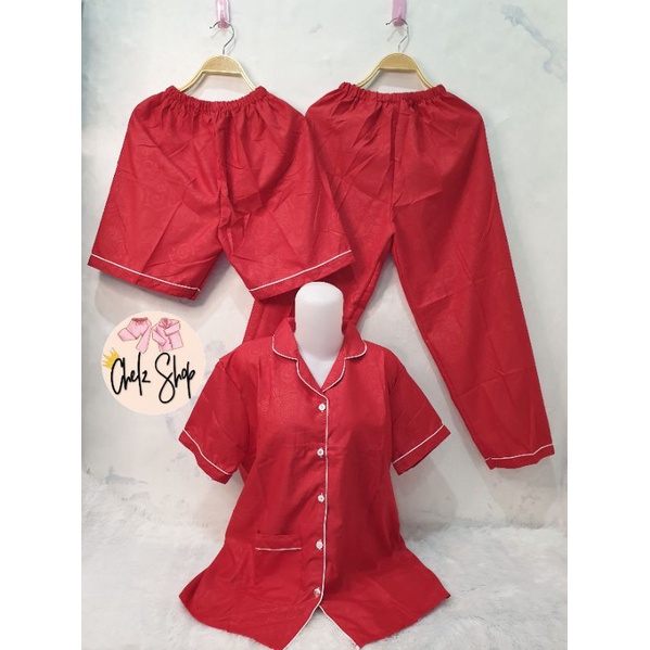 Baju Tidur Piyama Wanita Cewek Pajamas Dewasa Katun Motif Embos 3 in 1-3 IN 1 EMBOS MERAH