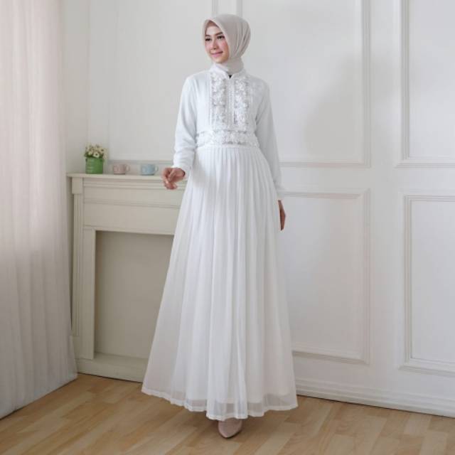 DRESS WHITE HANUM PLISKET SIZE M L XL REALPICT DRESS HAJI UMROH LEBARAN LAMARAN TUNANGAN