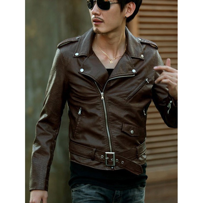 JAKET KULIT PRIA ROCK N ROLL KEREN ASLI KULIT DOMBA KUALITAS SUPER COKLAT TUA BL CC-05