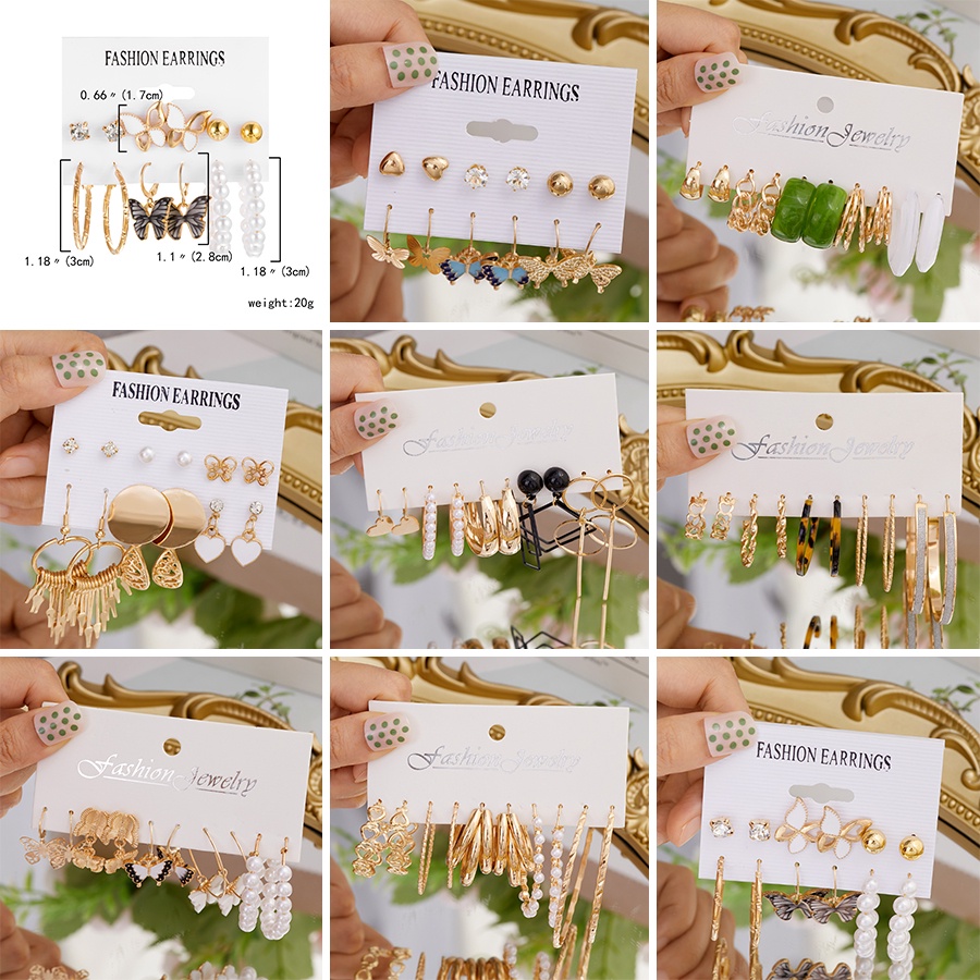 5pcs / 6pcs / set Anting Klip Telinga Kombinasi Desain Kupu-Kupu hollow Hias Mutiara Imitasi Untuk Pria / Wanita butterfly