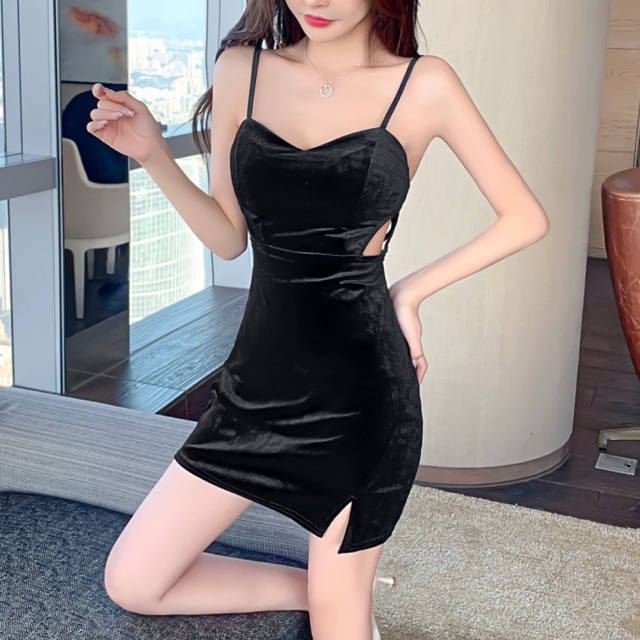 Velvet Bodycon Shoulder Mini Dress Tanpa Lengan 1391 (S-XL)