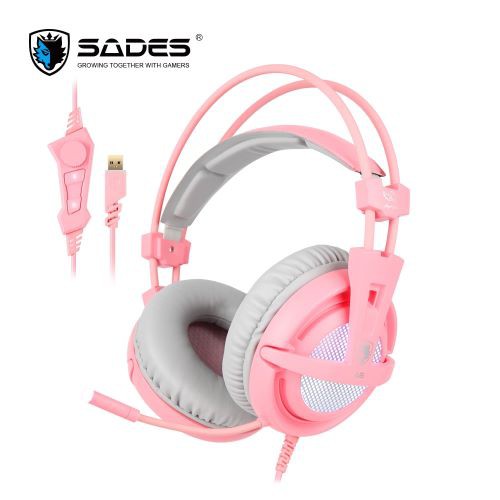 Headset gaming sades wired usb 7.1 surround sound gold led Angel pink-orange A6 locust original - Headphone a-6