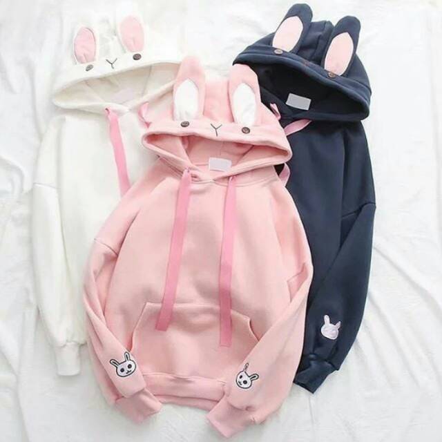 Hello bunny sweater/sweater remaja cewek lucu/sweater topi kuping kelinci lucu/sweater korea lucu