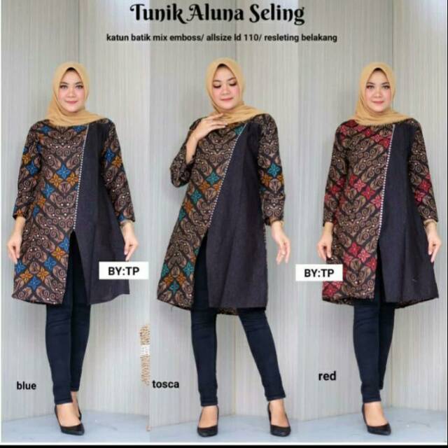 Tunik Aluna Seling Kembang Zigzag Batik Sogan Hitam Kombinasi Polos Seragam Kerja Kantor Wanita