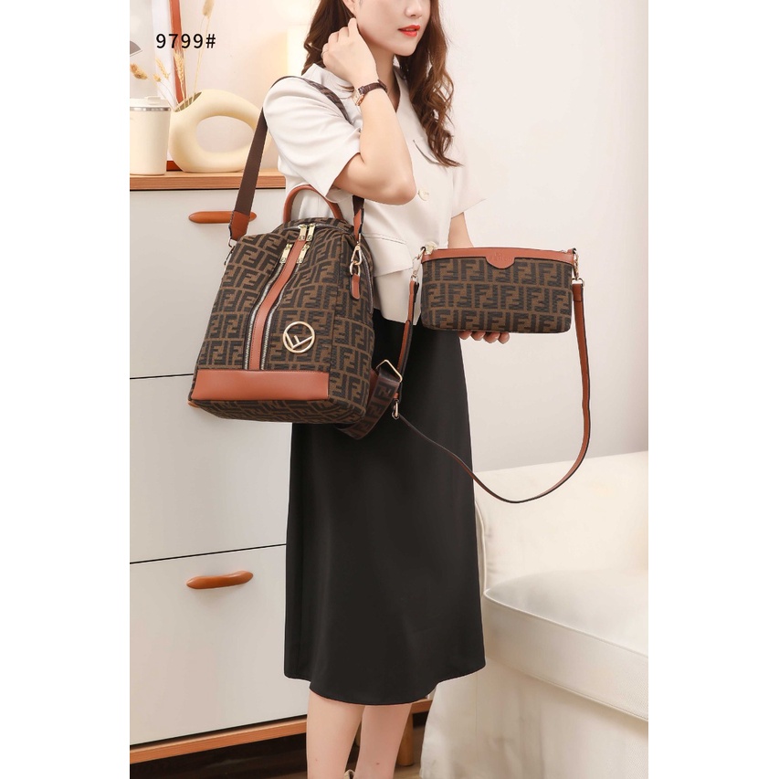 Logo Canvas Leather Backpack Shoulder Bag 9799