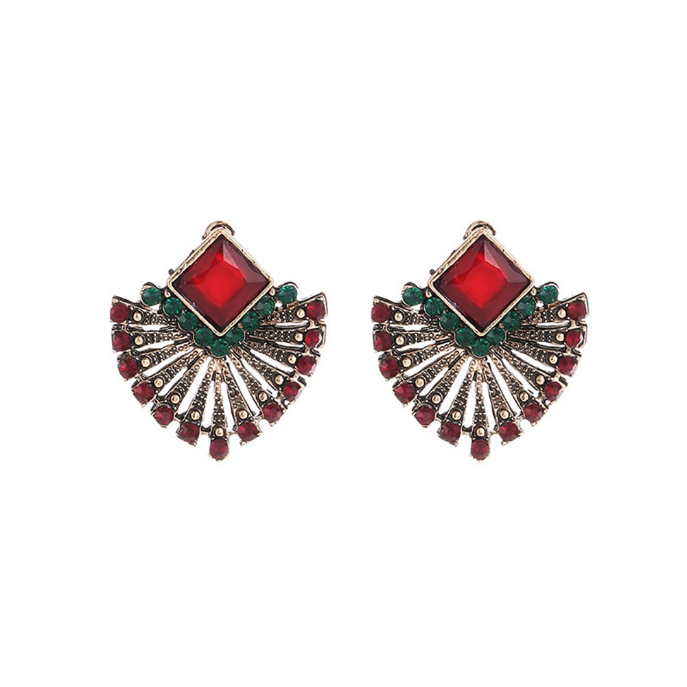 Anting Stud Berlian Imitasi Bentuk Kipas Gaya Vintage Etnik Bohemian Untuk Wanita