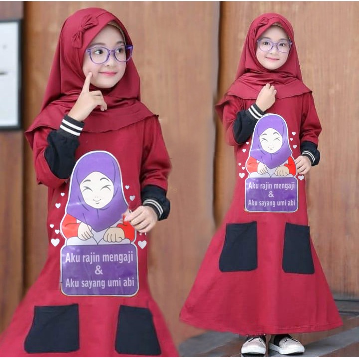 Set Baju Gamis Maxi Dress Cardi Anak Muslim Perempuan Remaja Tanggung Usia 7 8 9 10 Tahun Modern Pes