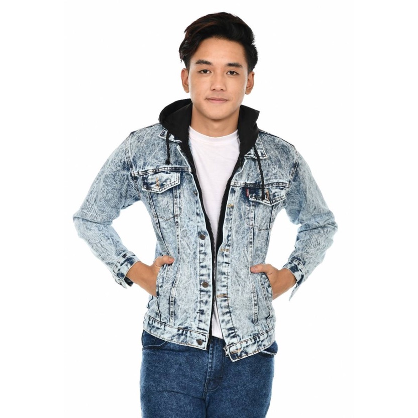 Jaket jeans hoodie pria sanwosh Jaket Jeans berhoodie-penutup kepala combinasi penutup jaket kancing + sleting Sandwash Sanwash Senwos Pria Tebal Style Korea