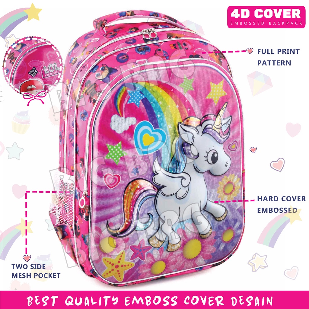 PTS - Ransel Sekolah Anak Perempuan Karakter - 4D Emboss Clarity - Hologram - Ransel Sekolah SD