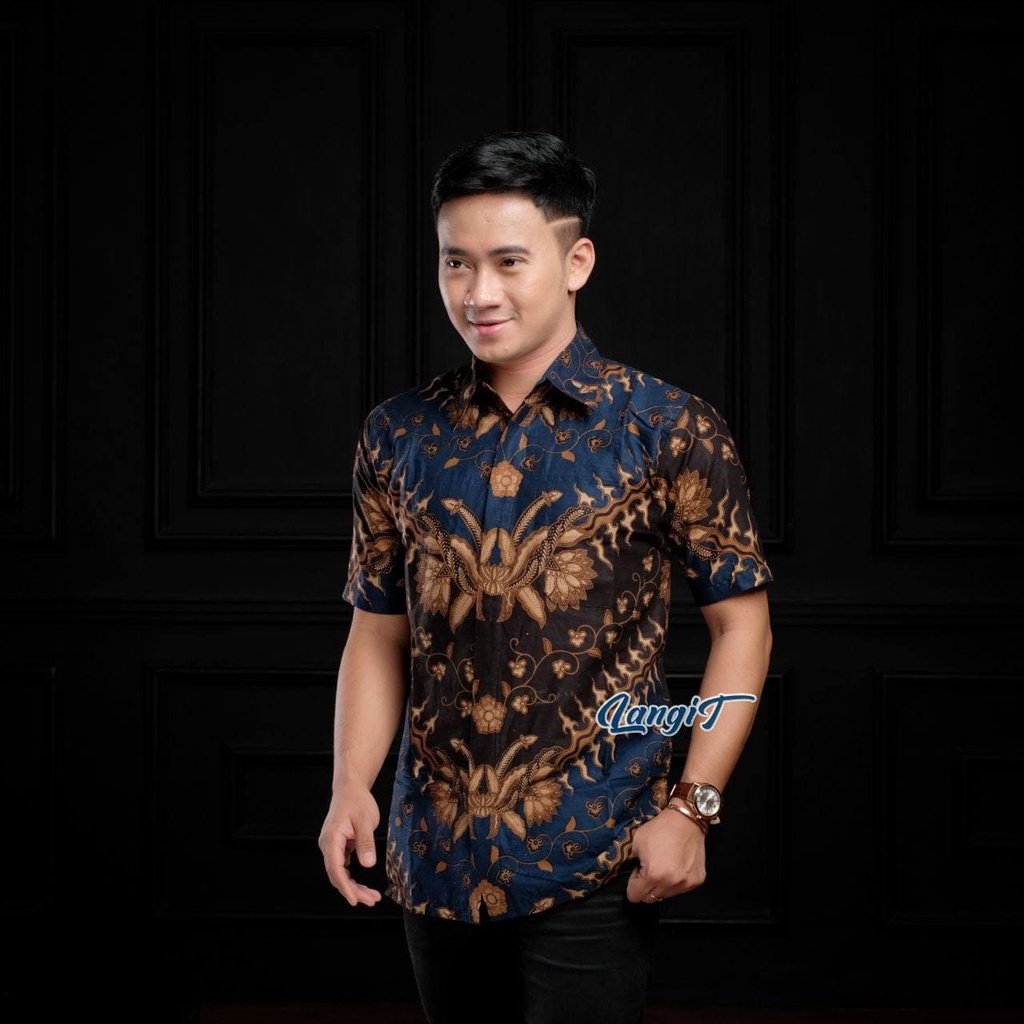 Batik Pria Lengan Pendek Premium BATIK AZMIL HRB026 motif KERATONAN Kode 002 size M L XL XXL-PENDEK-Keris Navy