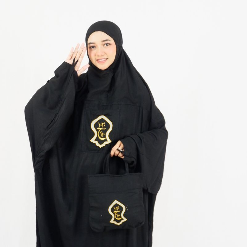 Mukena Dewasa Terusan Terbaru Mukenah Hadramaut Terompah Bordir Polos Bahan Rayon Super Jumbo 2IN1 Traveling Hitam Putih Pashmina