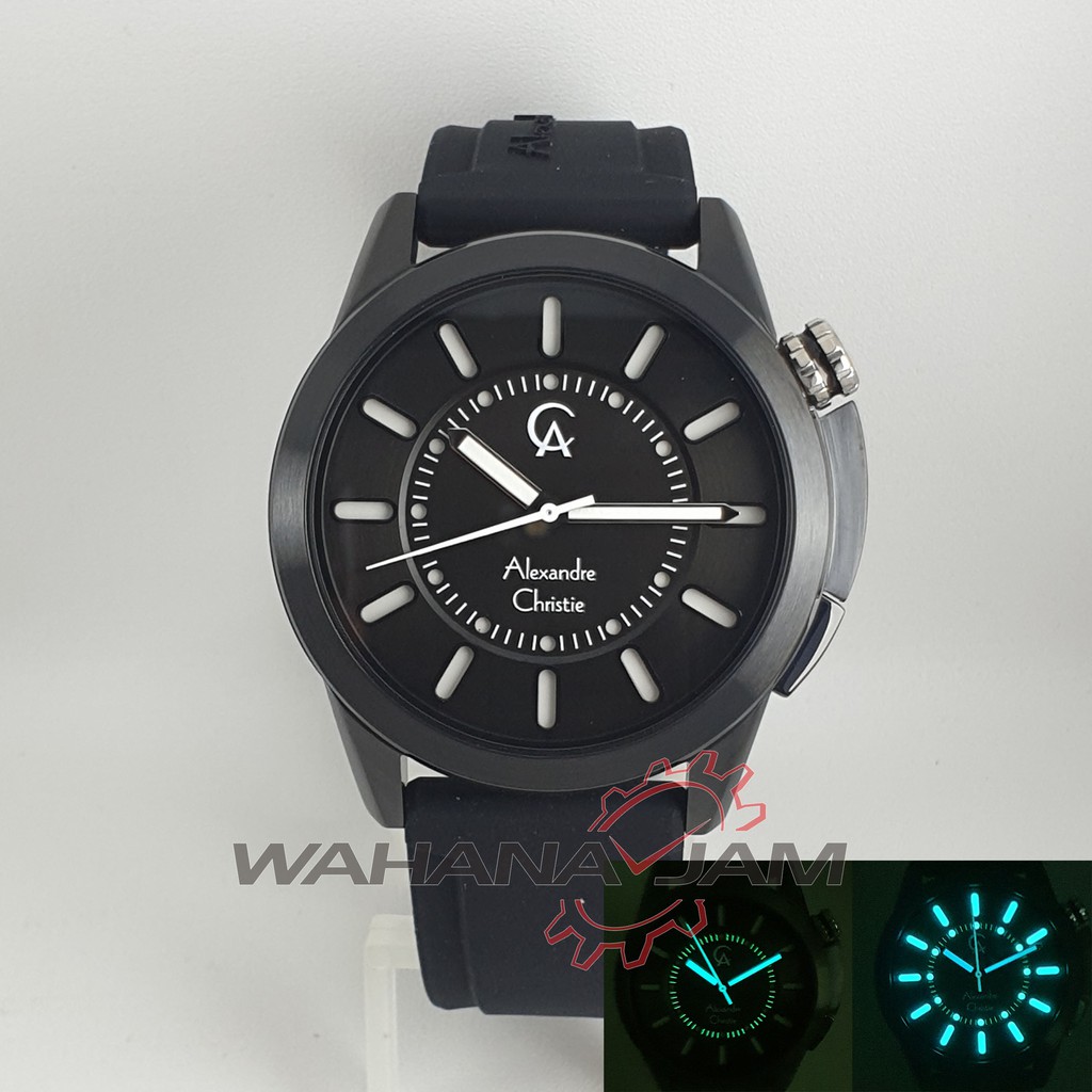 Alexandre Christie AC 8632 MH / Jam Tangan Pria AC8632 Karet Rubber Full Hitam Black Lampu Radium